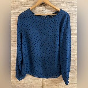 Ann Taylor Sheer Polka Dot Blouse Long Sleeve Chiffon Silver Tab Cuff Blue Small